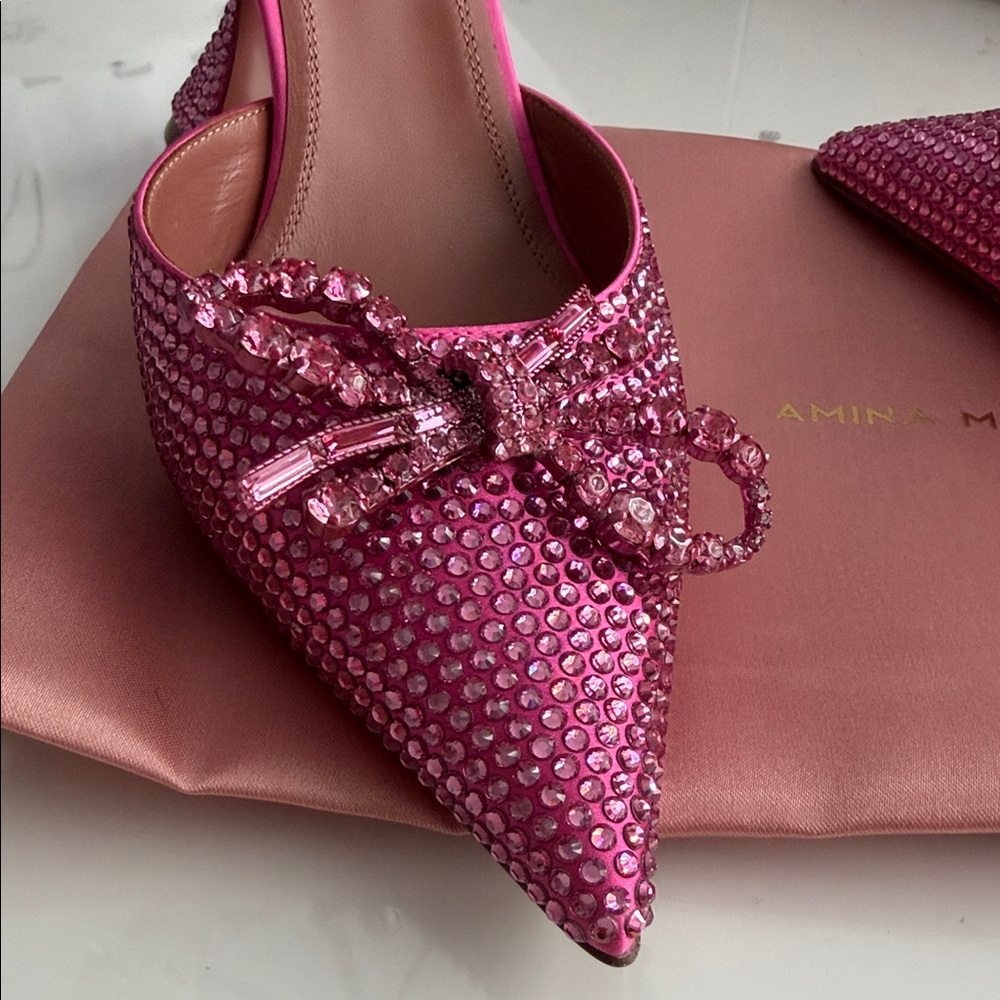 Amina Muaddi Fuchsia Crystal Slingback Pumps with Bow - Picture 4 of 14